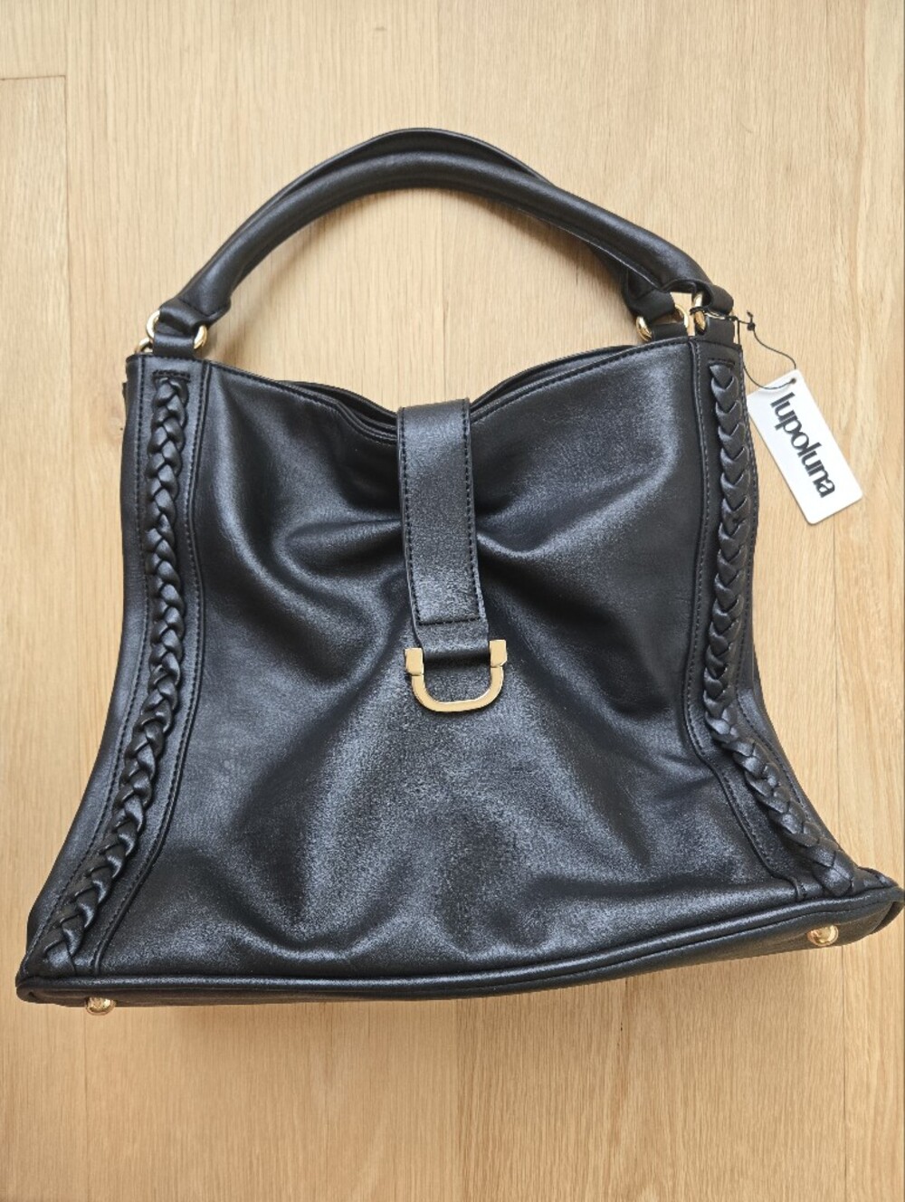 Black Shoulder Bag with Braided Trim and Gold Accent
